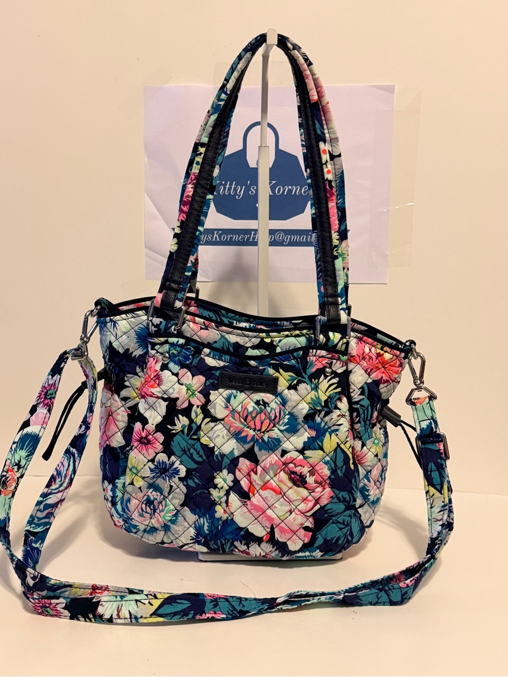 Floral Quilted Crossbody Tote – Navy Multicolor